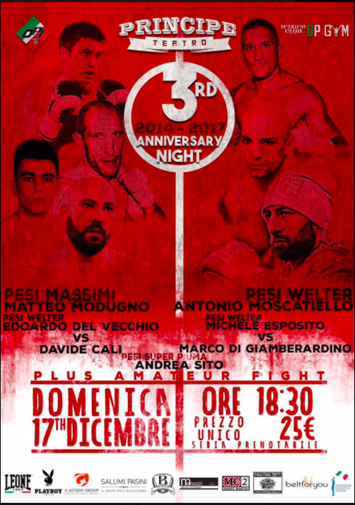 Antonio Moscatiello torna sul ring per celebrare i tre anni di attività della Principe Boxing Events