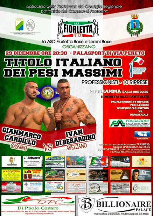 Il 29 dicembre ad Avezzano Cardillo vs Di Berardino per il Titolo Italiano Massimi #ProBoxing