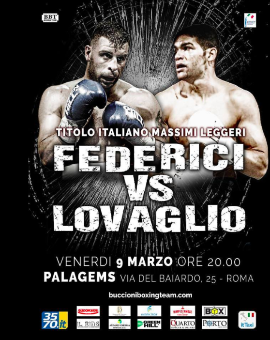 Il 9 marzo al PalaGems di Roma Federici vs Lovaglio per il Titolo Italiano Massimi Leggeri #ProBoxing